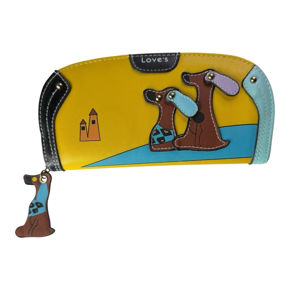Love's Dog Appliqué Zip Around Wallet Yellow Blue Faux Leather Puppy Charm 8.5"